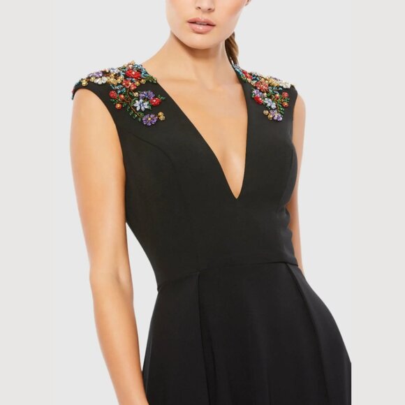 Mac Duggal 26540 Womens Size 6 Black Floral Beaded V Neck A Line Gown Maxi Dress - Picture 3 of 4